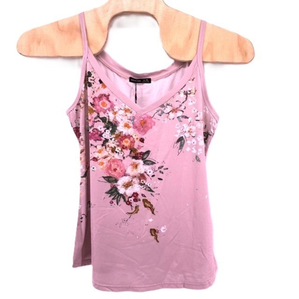 Noracora Womens XL Mauve Pink Floral V-Neck Spaghetti Strap Jersey Tank Top NEW